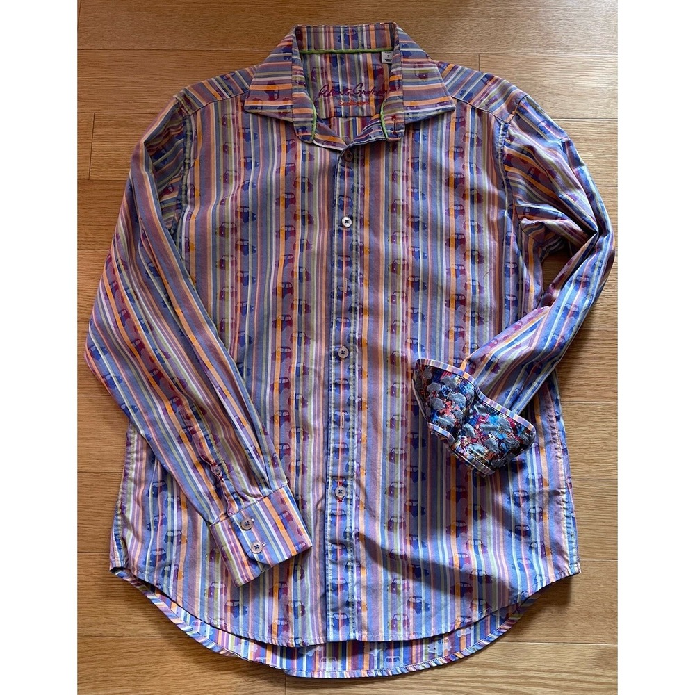ROBERT GRAHAM MENS SHIRT ORANGE GREEN BLUE STRIPED CARS Size S EUC
